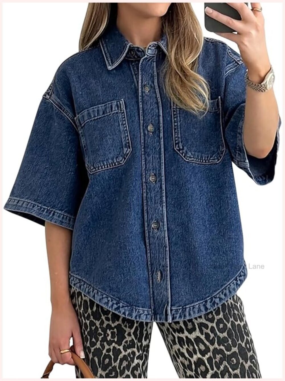 Oversized Denim Shacket, Button Down Short Sleeve Jean Shirt Casual Top